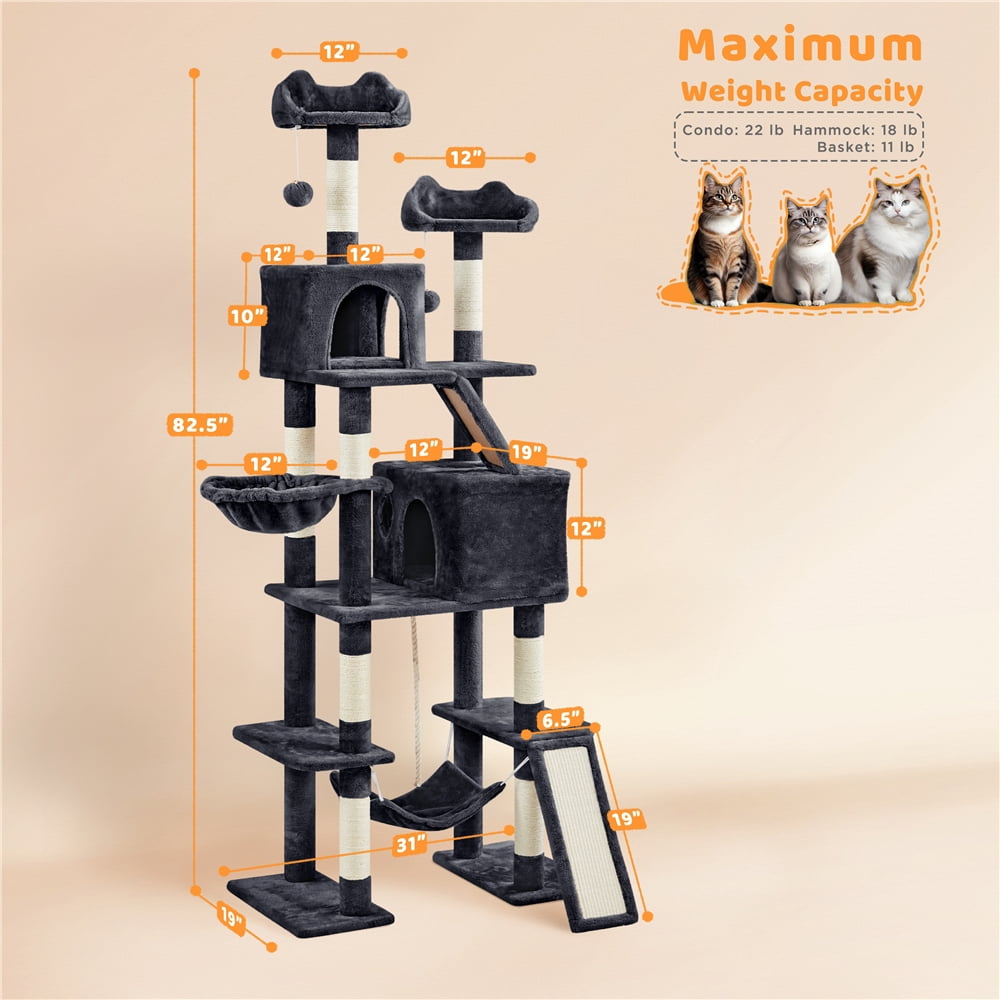 Yaheetech 82.5" H Multi Level Cat Tree with 2 Condos and Basket, Black