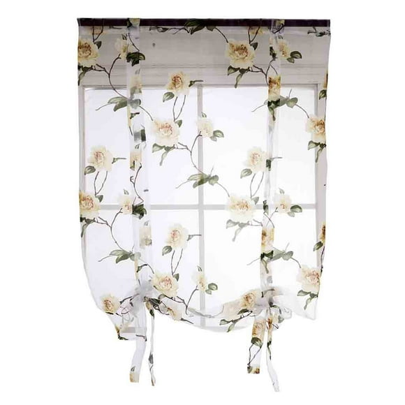 Woven Slings with Flowers and Single Curtain Rod 100X80Cm (Height X Width) Yellow - Leaves Sheer Curtain Tulle Window Treatment Voile Drape Valance Fabric(1X One Curtain)