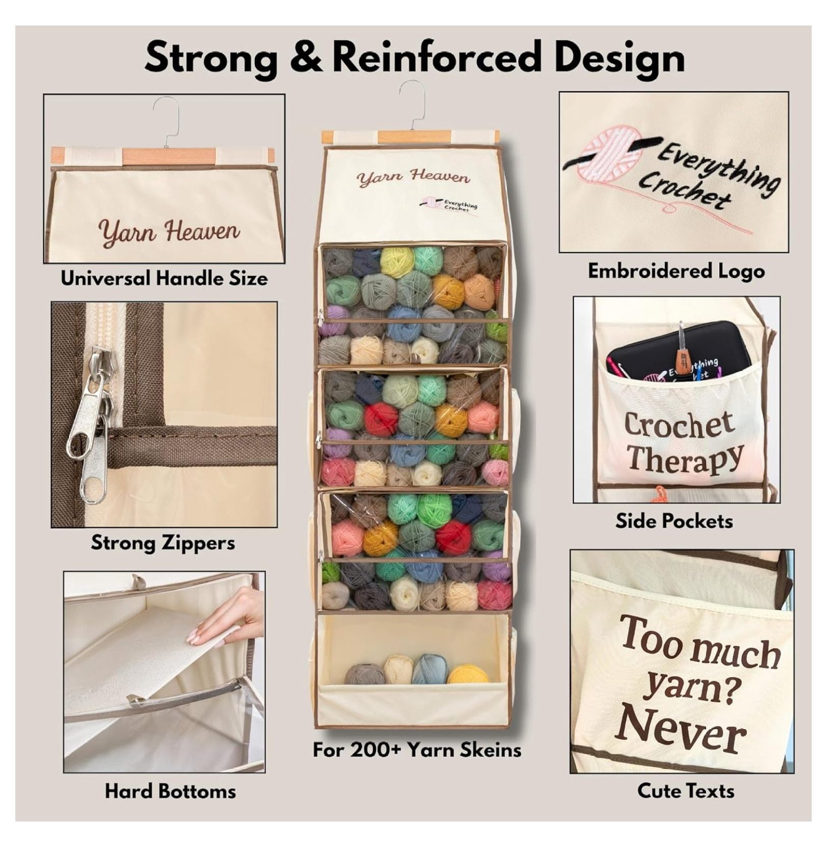 Yarn Heaven Storage Organizer – Over The Door & Closet Hanging Yarn Bag for Crochet & Knitting, Skein Holder Holds 200+ Skeins with Clear Pockets for Yarn Stash, & Needles