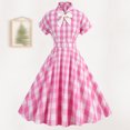 thumbnail image 2 of Vestido a cuadros con botones para mujer elegante vestido midi fruncido jersey vestido vintage de verano, 2 of 9