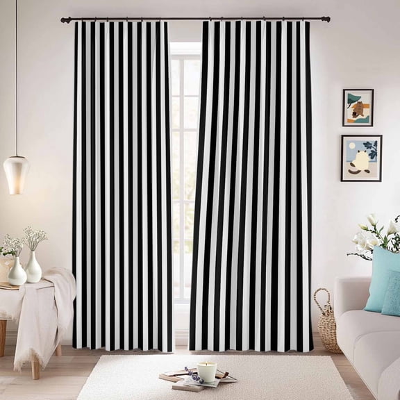 Black White Stripe Blackout Curtains for Bedroom/Living Room, Pinch Pleated Black Out Curtains, Modern Minimalist Geometric Striped Room Darkening Window Drapes with Hooks 2 Panels, 39"x70"