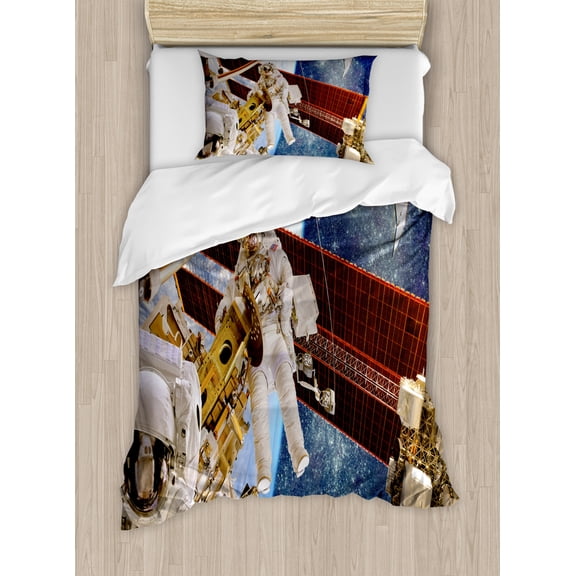 Outer Space Decor Twin Size Duvet Cover Set, International Station Scenery Science Deep Dark Matter Search on Earth Design, Decorative 2 Piece Bedding Set with 1 Pillow Sham, Multi, by Ambesonne