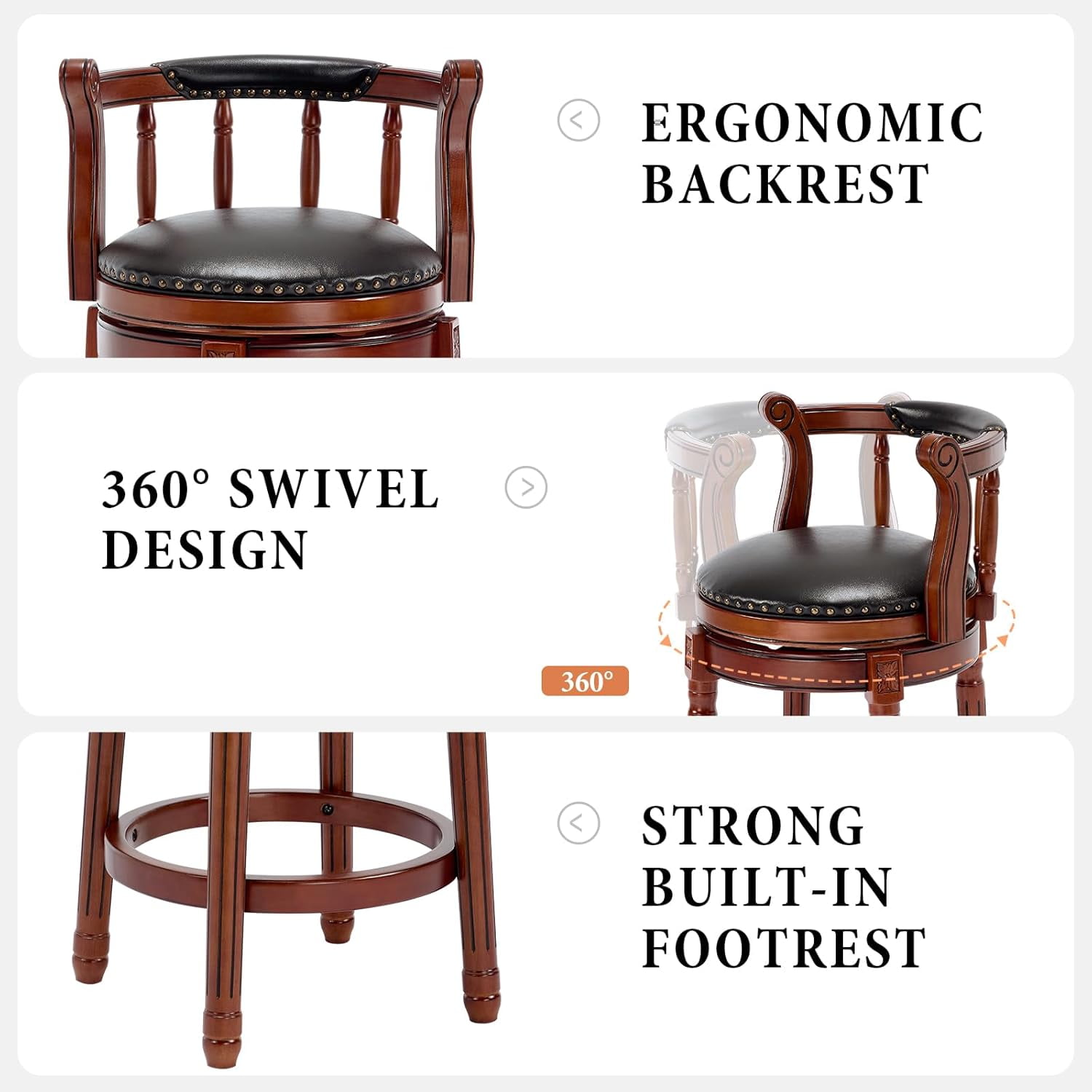 Aulife Bar Stools Genuine Leather Counter Height barstool Wooden Swivel kitchen Stool with Footrest for Kitchen Dining Room