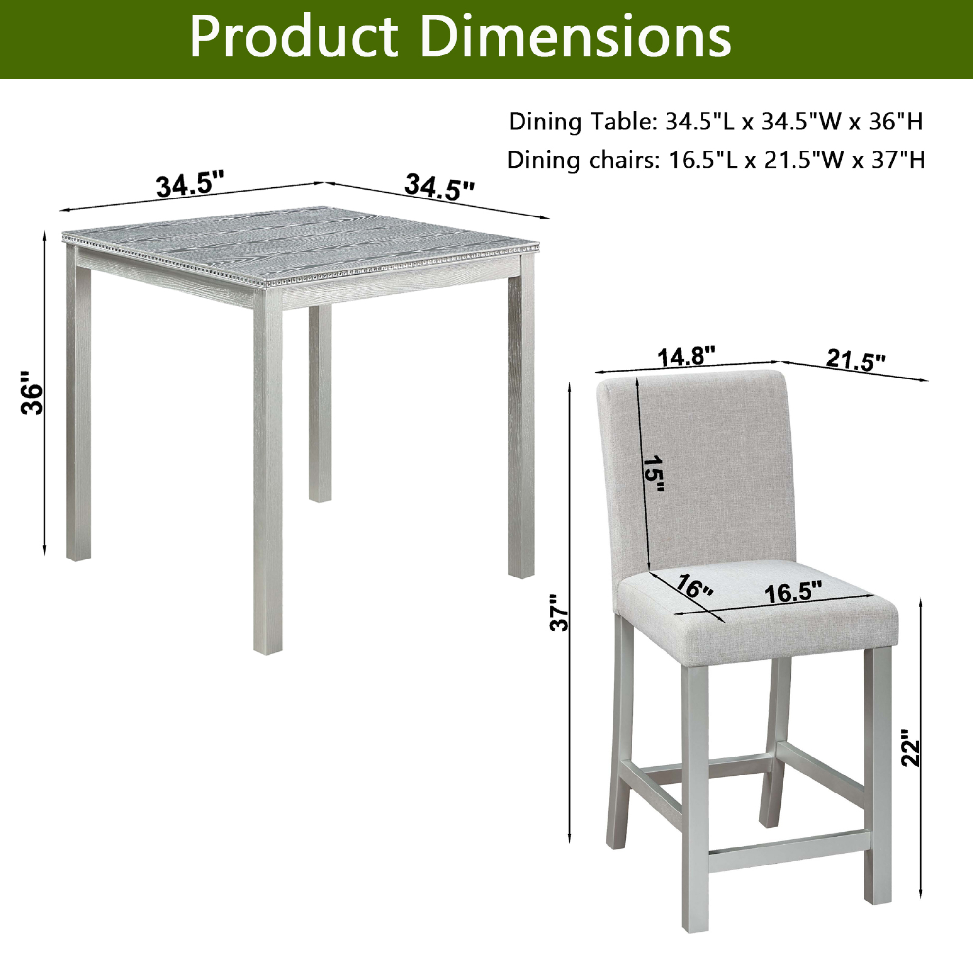 Leumius 5 Pieces Dining Table Set,Counter Height Table Set with Square Table and 4 Upholstered Chairs,Wooden Kitchen Table Set for Kitchen, Dining Room,Beige+Silver Gray