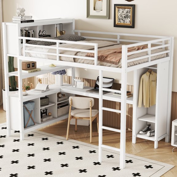 Tcbosik Metal Loft Bed with L-Shaped Desk and Storage Wardrobe, Full Size Heavy Duty Bedframe with Cubes and Shelves for Home, Apartment, Off White