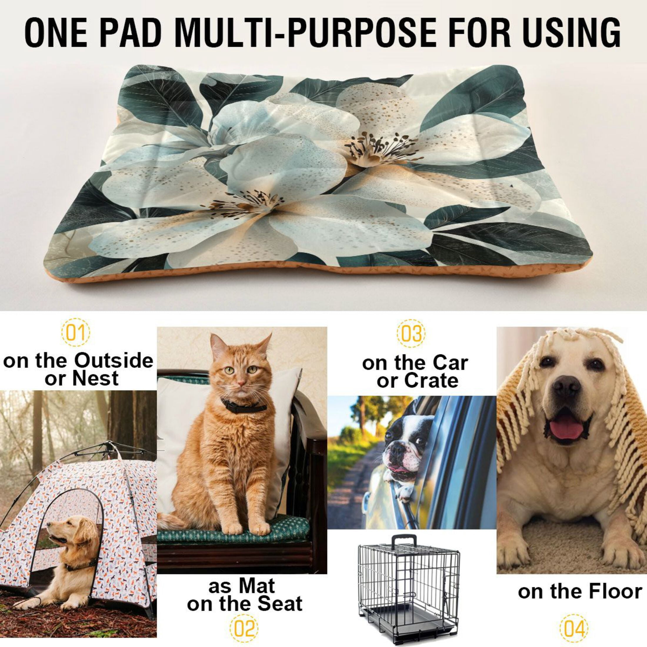Qxltty Exotic White Flowers Ped Pad Wear-resistant and Hard to Bite Through Sleeping Pad for Small Medium Large Dogs Winter Pet Bed 36×24in