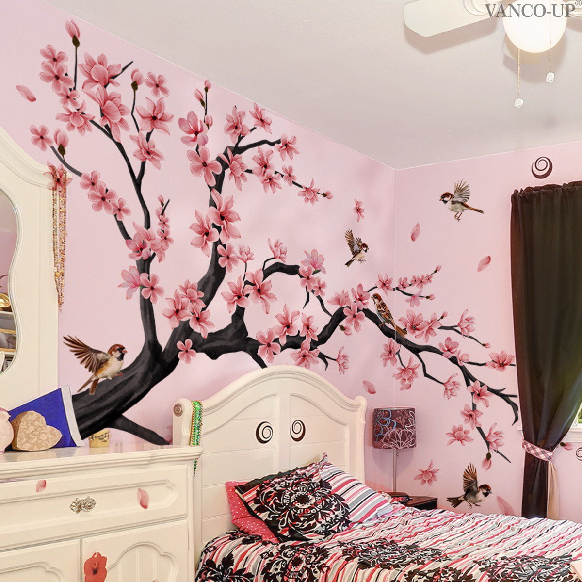 Flowers Wall Decals Stickers Vinyl Removable Peel and Stick Colorful bird Floral Wall Murals Decor tree wall decals Peel and Stick Wall Art Decals Bedroom Living Room Nursery (Cherry Blossoms)
