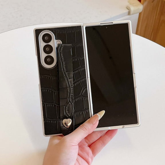 Allytechgroup Stylish Phone Case for Samsung Galaxy Z Fold 5, Crocodile Print Fashion Design Back Cover with Hand Strap Anti-Scratch Non-Slip Shell Cover for Women Girls, Black