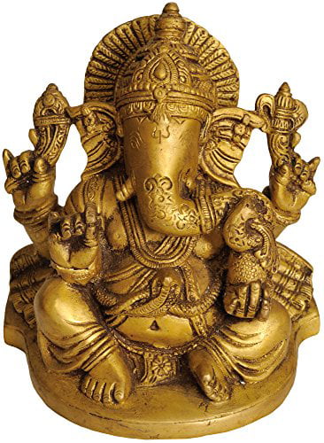 Color Greenish Gold Color Brass Statue Exotic India Four-Armed Ganesha Seated in Easy Posture on Lotus