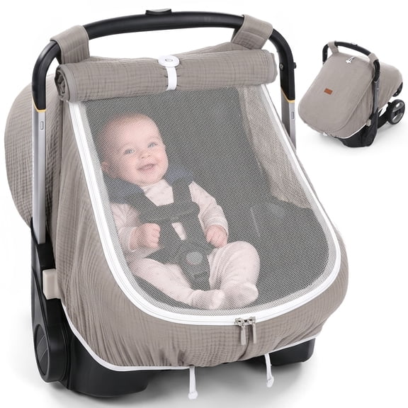 Baby Car Seat Cover, Caveen Muslin Infant Carseat Canopy, with Breathable Mesh Window, Universal Fit Most Car Seats, Grey