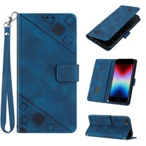 Feishell for iPhone 7 / 8 / SE 2020 / SE 2022 4.7 inch Wallet Case with Wrist Strap,Flip Cover with Embossed Pattern PU Leather Kickstand Card Slots Magnetic Clasp Folio Purse Phone Case,Blue
