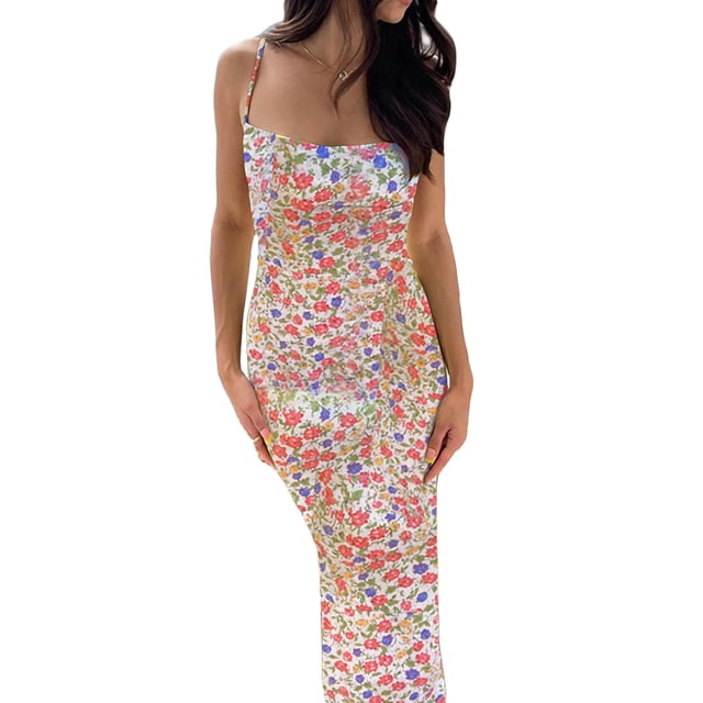 VISgogo Vestido largo casual para mujer, sin mangas, sin espalda, corte bajo, estampado floral, vestido de tirantes con vendaje en la espalda VISgogo moda