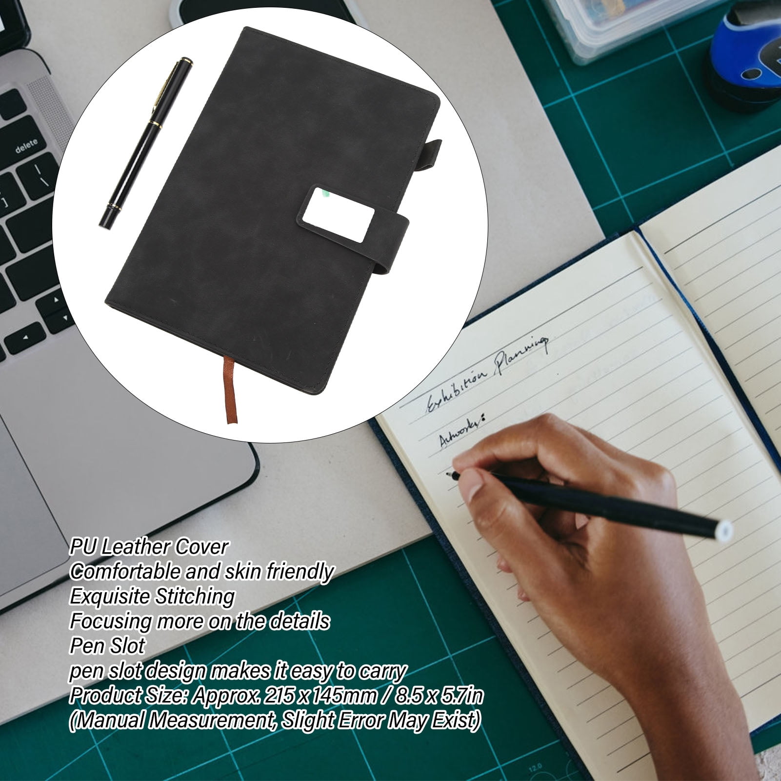 YAHHU A5 Notebook PU Leather Cover Ribbon Bookmark Ink Proof Thick Ruled Paper Journal with Pen and Box for Office Travel Black (8.27 inches / 21 cm)