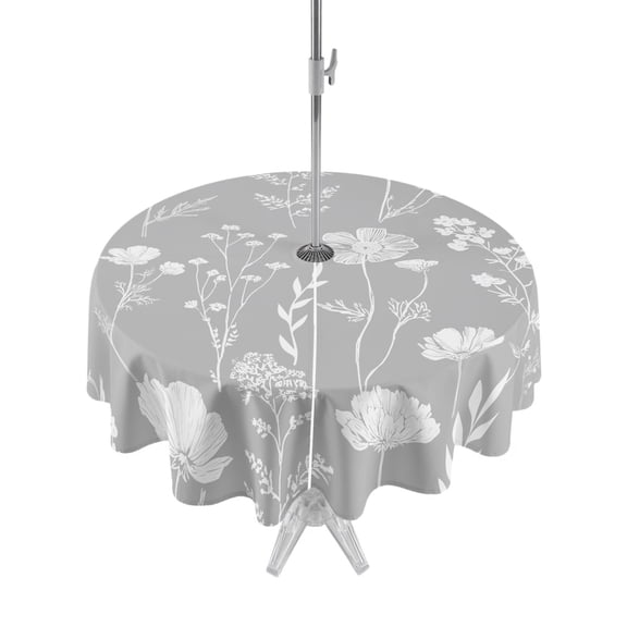 Outdoor Tablecloth with Umbrella Hole Zipper Grey Wildflowers Round Tablecloth 54" Waterproof Outside Table Cloth Farmhouse Floral Botanical Leaves Patio Table Cover Tablecloths for Picnic Party
