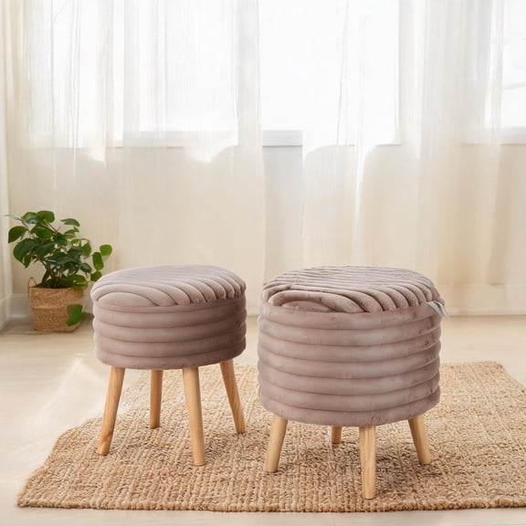 Round Wood-Tone Brown Faux Fur Ottoman Set of 2 with Hidden Storage for Living Room