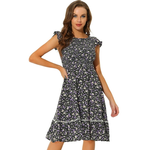 Women s Fit and Flare Summer Floral Midi Smocked Dress Black XS
