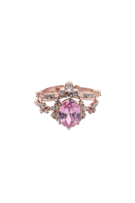 Stackable Promise Ring with Pink Tourmaline and Moissanite, Crown Design Ring in Rose Gold Plated Silver for Women