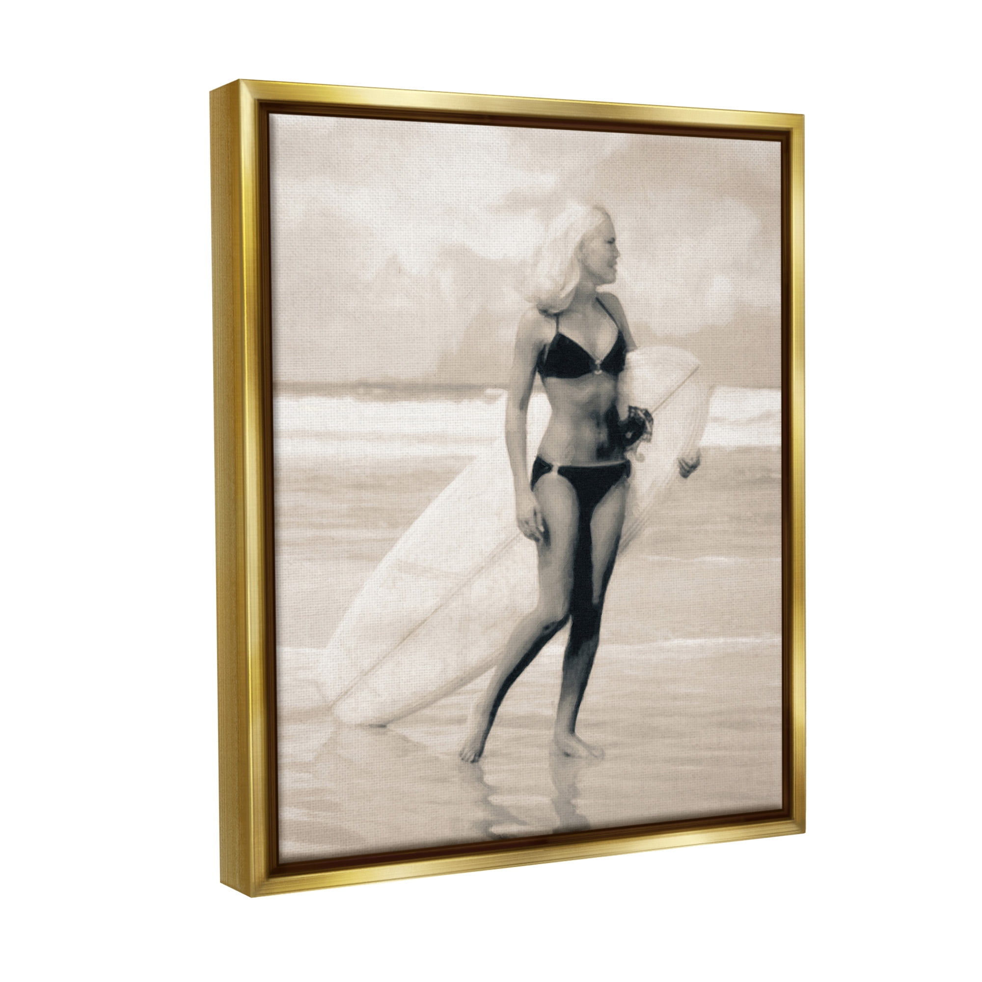 Stupell Industries Surfing Woman on Shore Sports Painting Gold Floater Framed Canvas Art Print Wall Art, 25 x 31