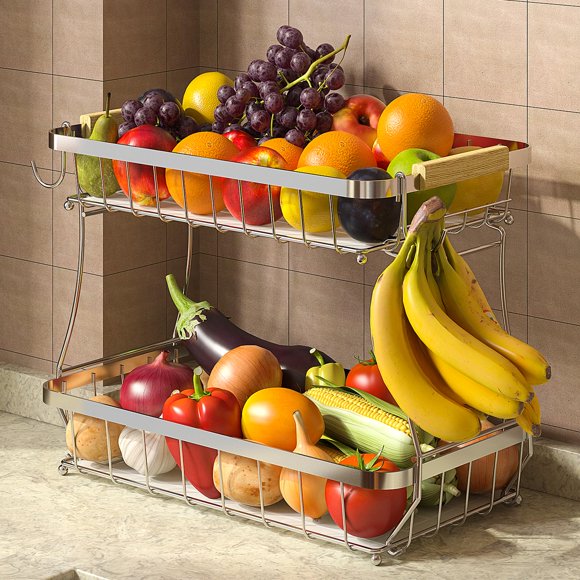 Cesta de frutas Sevenblue 2025 Pro de 2 niveles con perchas para plátanos