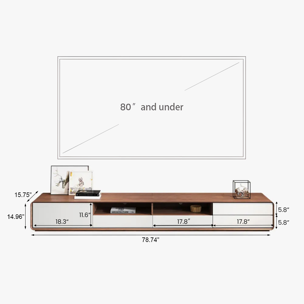 Modern Wood TV Stand, Lowline TV Console With Drawers, Open Storage, Cabinet,  Walnut Veneer, Fully-Assembled, 78/98