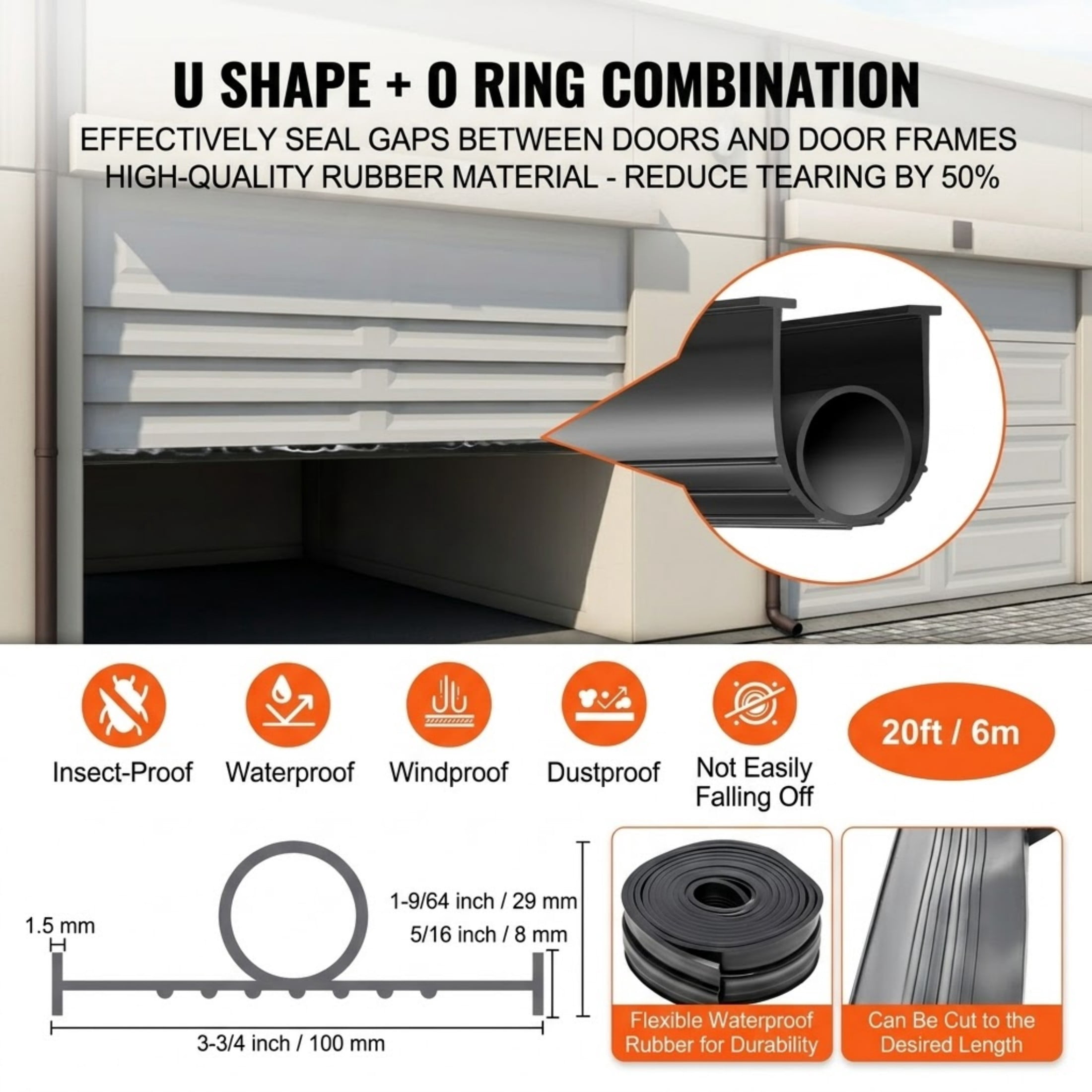 20 Ft Garage Door Bottom Seal Weather Stripping, Universal U-Shape and O-Ring Rubber Threshold with 5/16" T-Ends and 3 3/4" Width, Black
