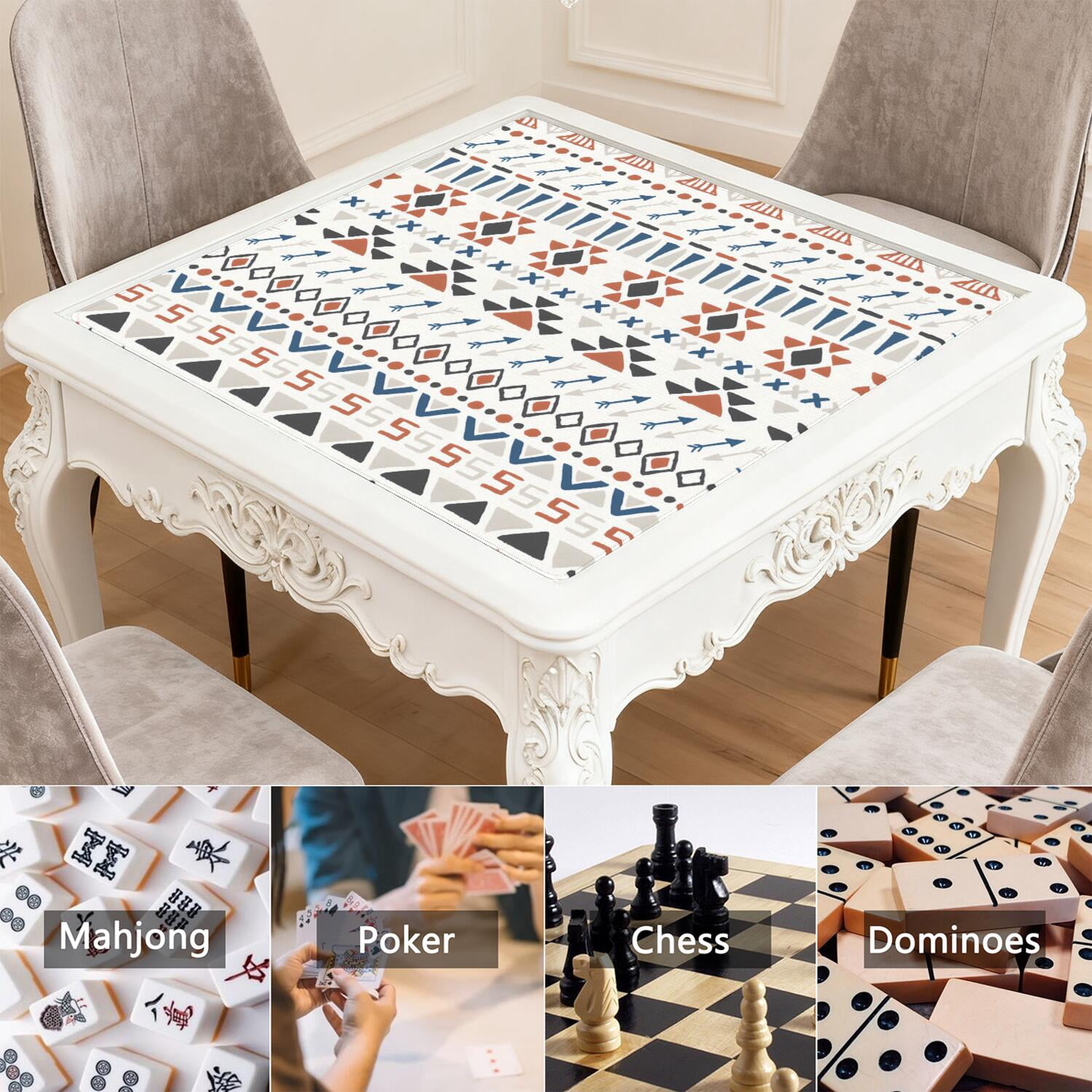 Large Square Boho Mahjong Mat 31.5 Inches, Anti-Slip Noise Reducing Rubber Pad for Tabletop Games, Multi-Functional Mat for Cards Tiles and Family Board Games