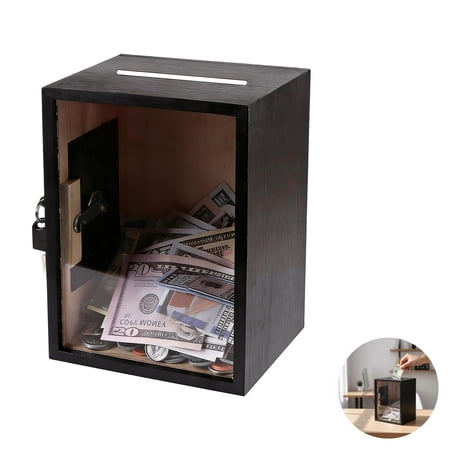 Black Wooden Money Box for Adults, 5.9 x 4.7 x 7.9 in Piggy Bank with Lock and Clear Viewing Panel, Durable Coin Saving Box for Cash, Bills, Change, Home or Office Decor