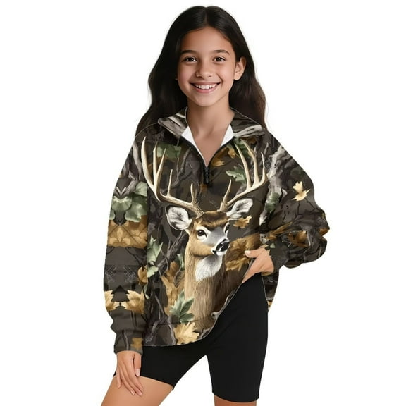 Uorisanigo Kids Girls Sweatshirt Casual Long Sleeve Pullover Top Oversized Camo Hunting Deer Quarter Zipper Cropped Sweatshirt Teen Girl Comfy Pullover Jackets Sweaters Fall Clothes