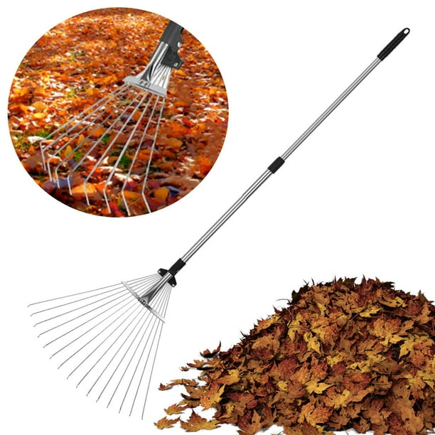 DYNWAVECA 15 Teeth Garden Leaf Rake Multipurpose Tool Collapsible Heavy