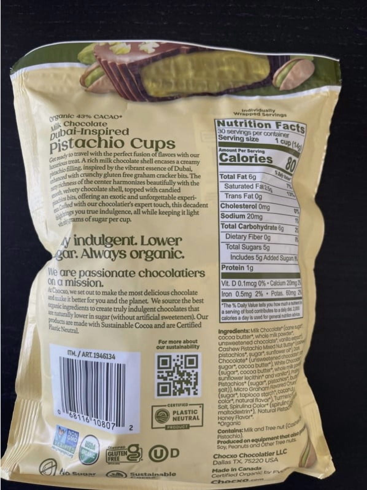 Chocxo Smile Milk Chocolate Dubai Inspired Pistacho Cups Net Wt 14.8 Oz