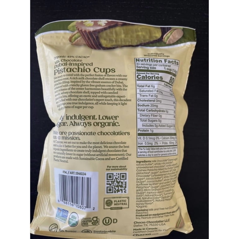 CHOCXO, Milk Chocolate Pistacho Cups, 14.8 Oz, Dubai Inspired