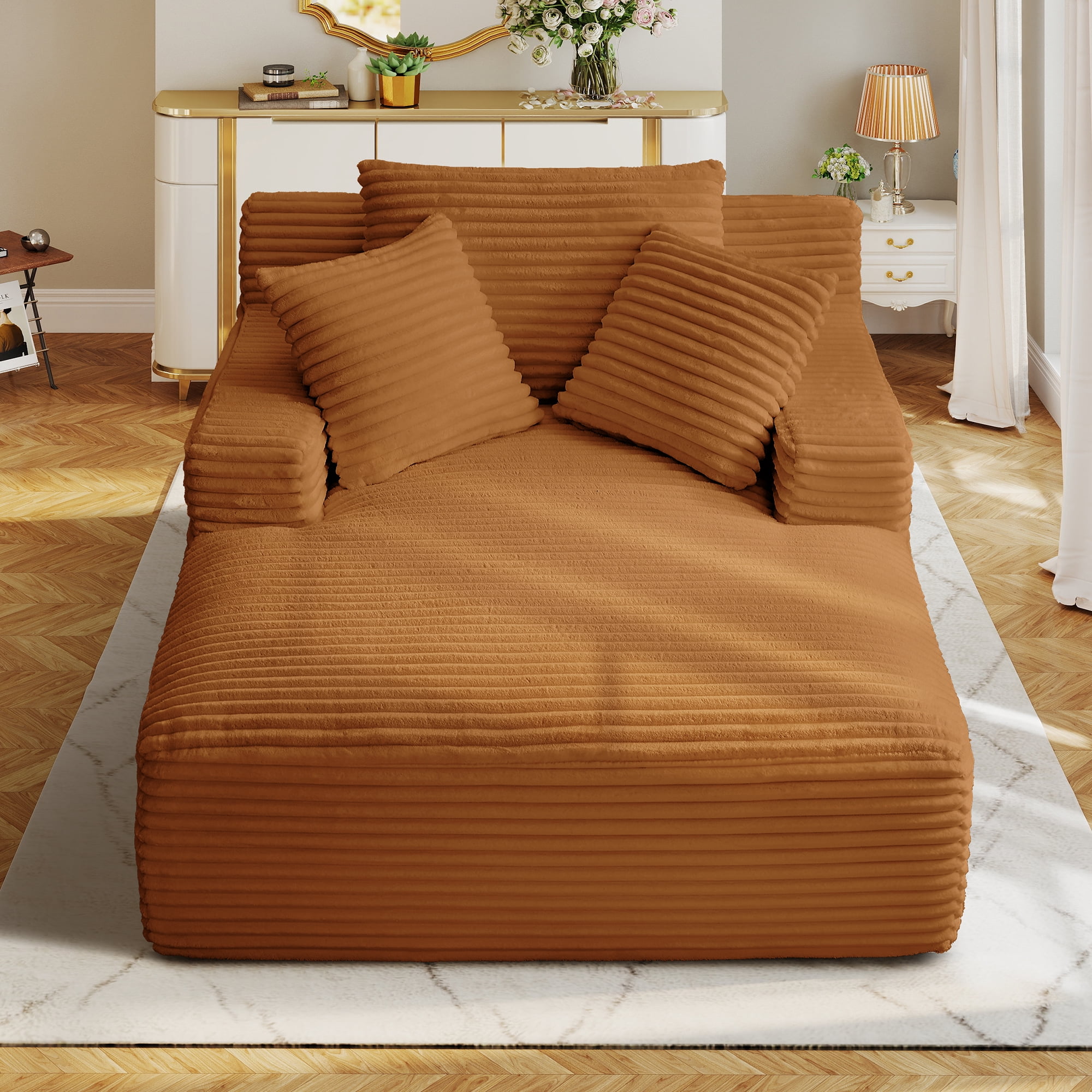 Aukfa Corduroy Chaise Lounge Chair, Oversized Indoor Lounger Floor Sofa Bed for Living Room, Bedroom, Small Space,Orange