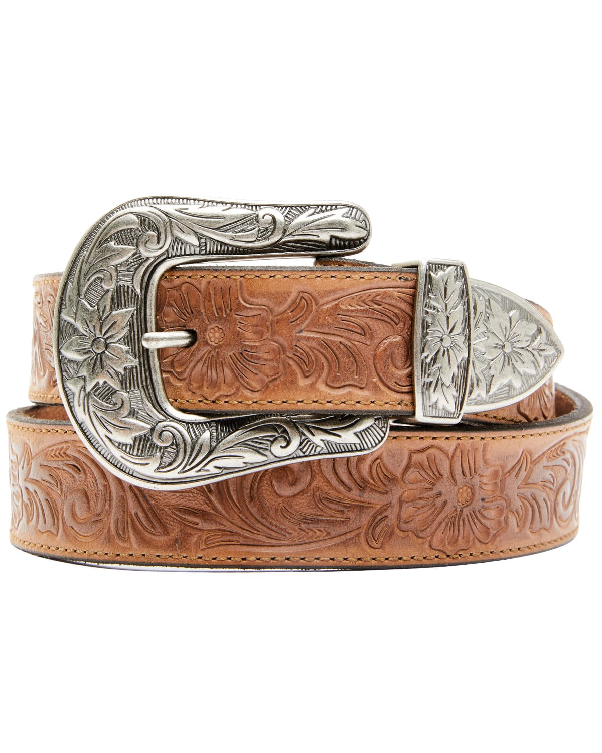 Tooled Leather Belt The Ritz Accessories Floral Motif Tan Custom Hand Tooled Belt | Floral #2 main image 2