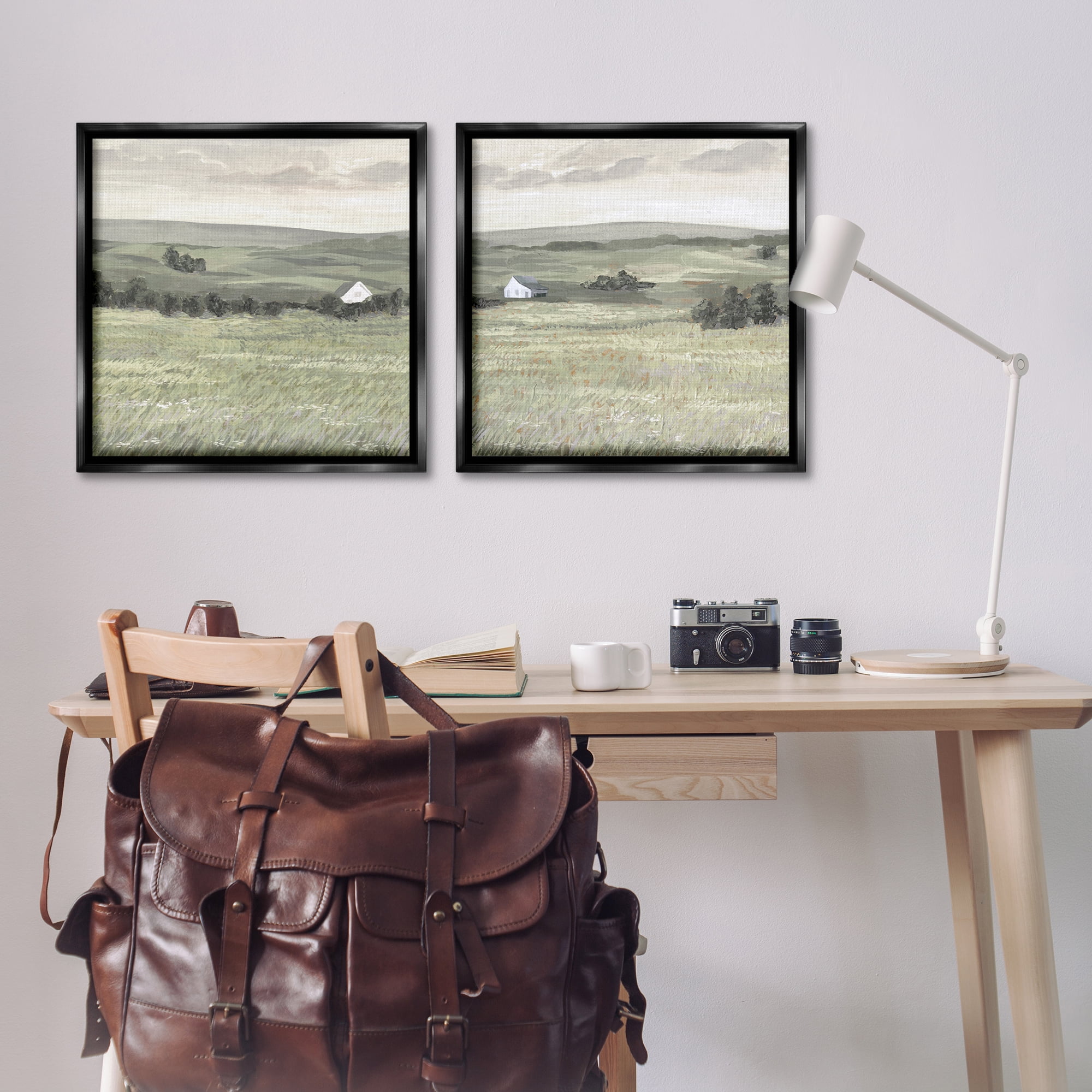 Stupell Industries Traditional Distant Farmhouse Field Landscape & Nature Painting Black Floater Framed Canvas Art Print Wall Art, 25 x 25, Set of 2