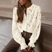 Seductiva Button Shirts for Women Women's Casual Lace Blouse Long Sleeve Button Up Shirts Tops Fall Fashion Clothes Business Casual Work Tops Women Shirts Summer