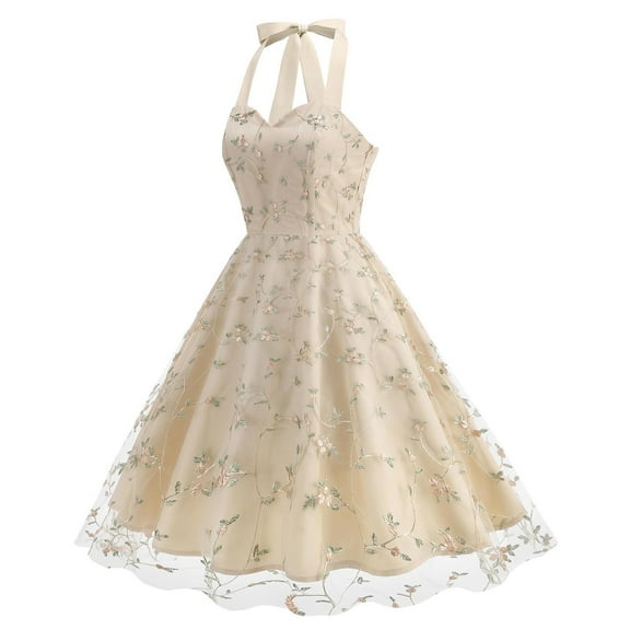 Ayolanni V-Neck Work Dresses for Women Knee-Length Beige Embroidery Sleeveless Ball Gown Dresses Girls Dresses L