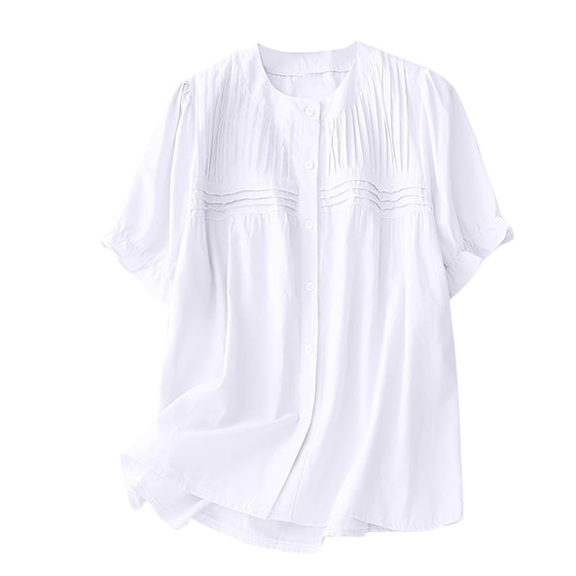 Mrat Cute Tunic Shirt Chemise à Col Rond en Coton et Lin pour Femmes, Décontractée, Polyvalente, à Manches Courtes, Tunique, S-16 Blanc TTG