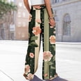 thumbnail image 7 of Hawaiian Print Palazzo Pants for Women Elastic High Waist Wide Leg Flowy Beach Trousers with Pockets Army Green S, 7 of 7