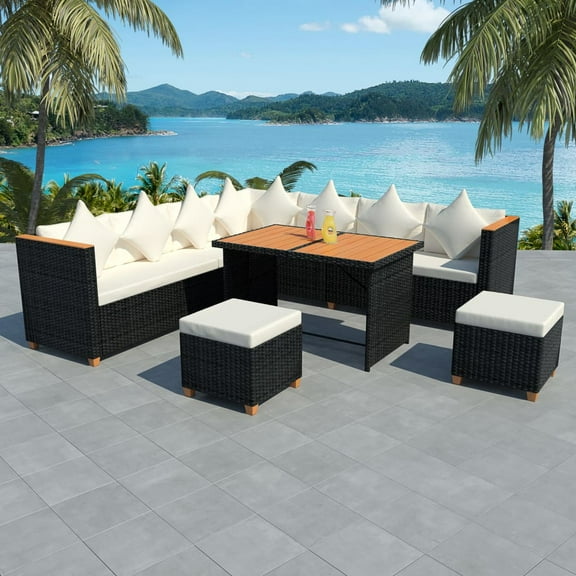 vidaXL 7 Piece Patio Lounge Set with Cushions Poly Rattan Black