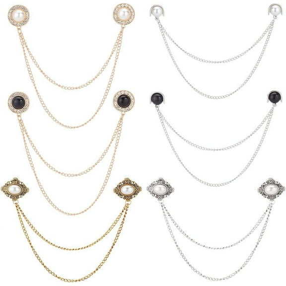 1Box 6Pcs 6 Styles Alloy Hanging Chains Collar Pins Tie Clips Plastic Imitation Pearl Clip Brooch for Women Mixed Color 190~202x3mm 1pc/style