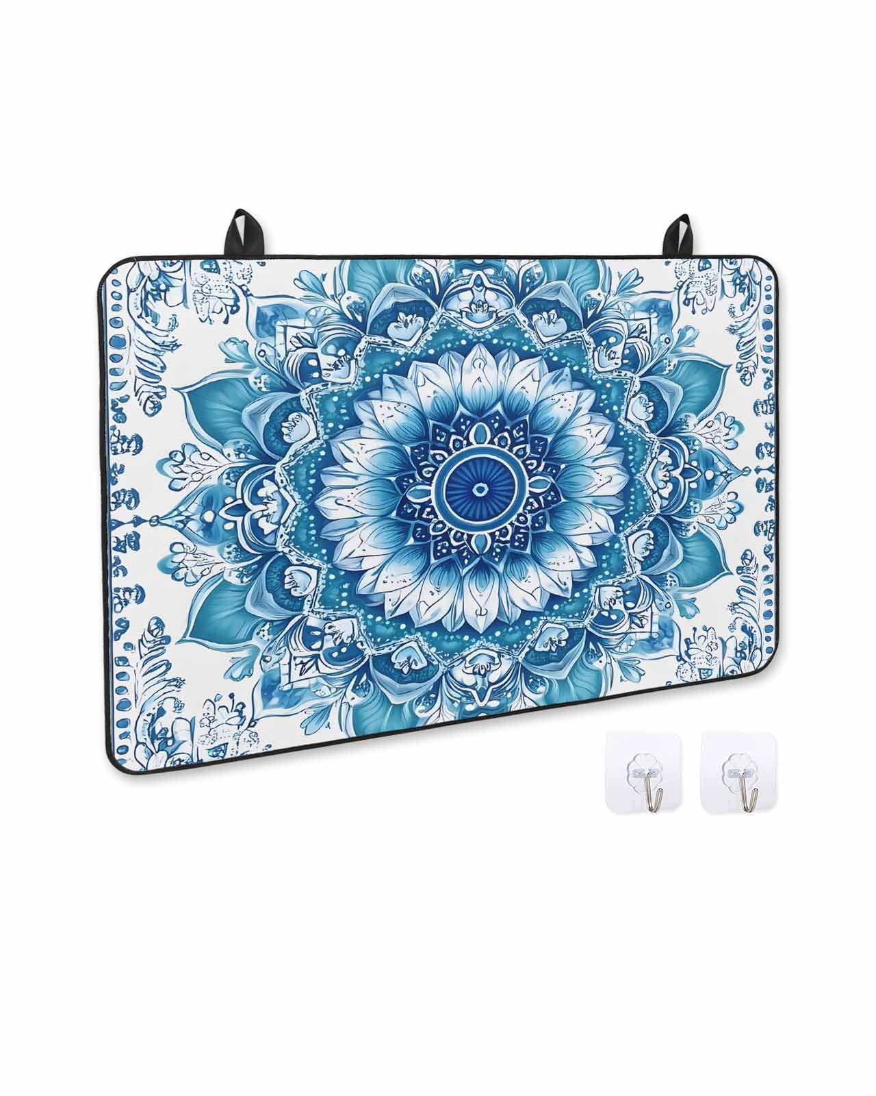 nqOlkjepod Large Induction Cooktop Protector Mat 24"x21", White Blue Boho Stove Top Covers for Electric Stove, Modern Floral Abstract Art Ethnic Tribal Stove Burner Cover Mats, Glass Top Stove Cover