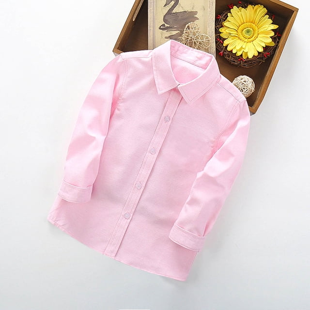 EQWLJWE Girls Uniform Tops Long Sleeve Solid Button-Down Uniform Oxford Shirt 2-14 Years