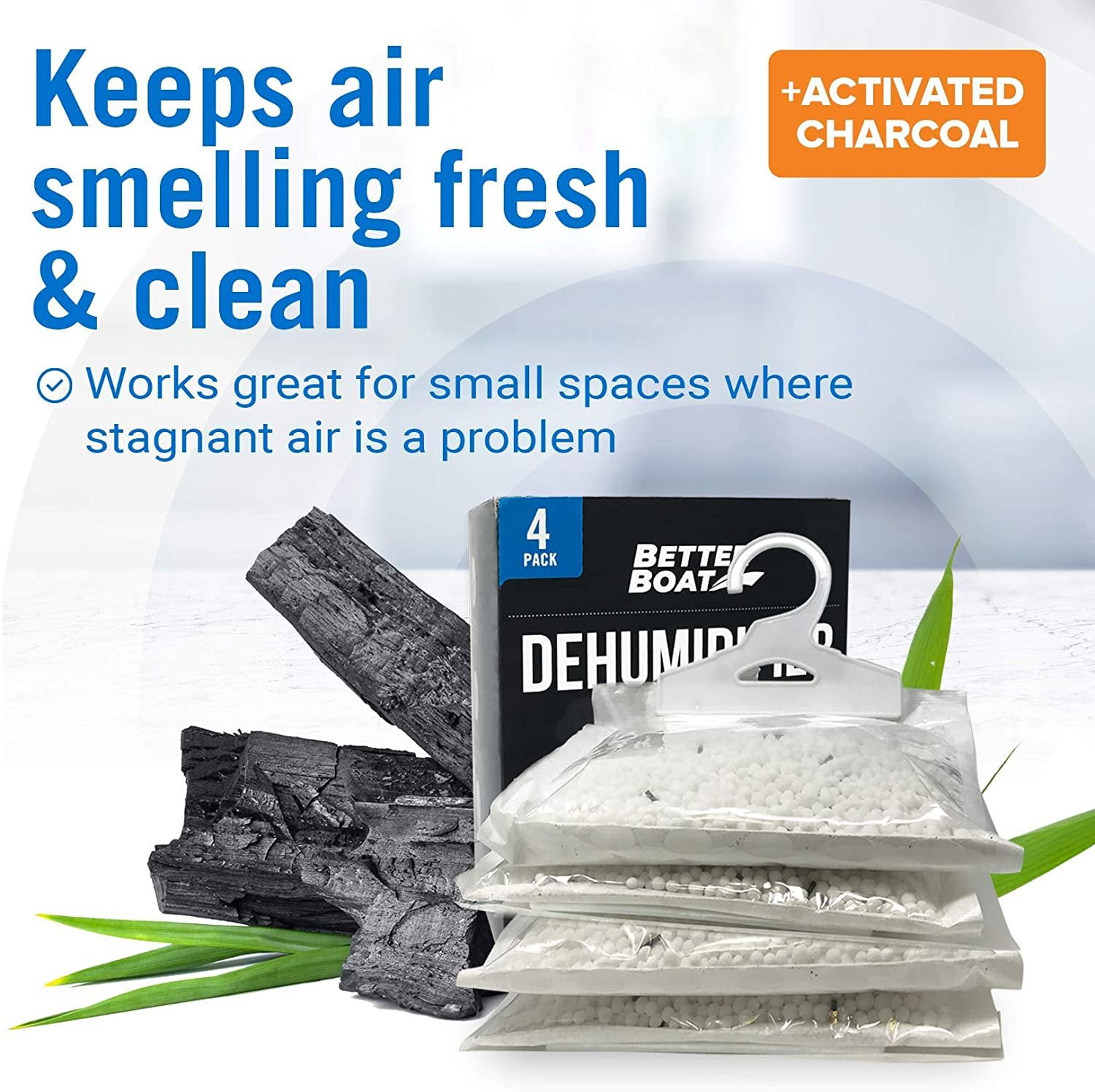 Better Boat Hanging Moisture Absorber and Charcoal Dehumidifier Bags, Fragrance Free, 4-Pack