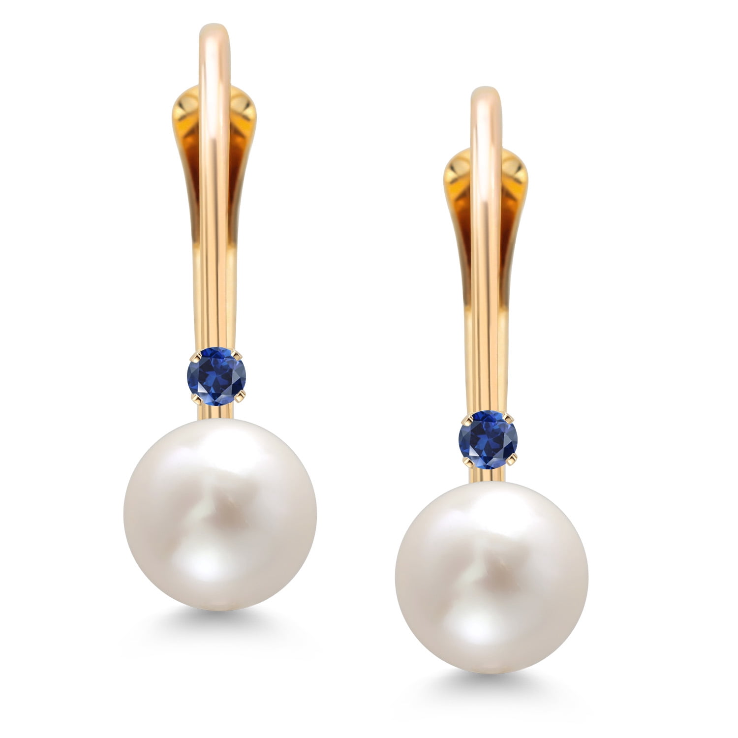 Gem Stone King 14K Yellow Gold Round White Cultured Freshwater Pearl and Round Blue Created Sapphire Leverback Drop Dangle Earrings for Women (Pearl: 5.5MM, Sapphire: 1.5MM)