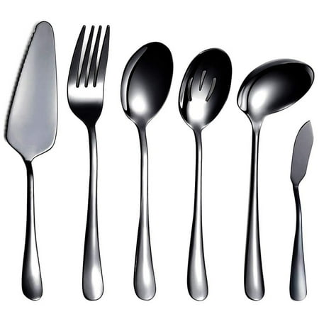 

6-Piece Serving Silverware Set Serving Utensil Set Include Cake Server Slotted Serving Spoon Black