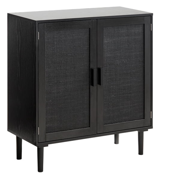 KFFKFF Rattan Storage Cabinet with Adjustable Shelves, 2 Magnetic Doors, Wooden Legs, and Cable Management Hole for Hallway, Entryway, Living Room, or Kitchen, Black