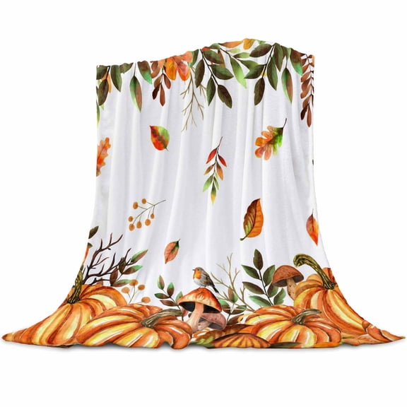 Thanksgiving Orange Pumpkin Flannel Blanket for Bed,Travel and Camping, Fall Mushroom Leaf Super Soft Cozy Blanket for All Seasons 32"x48"