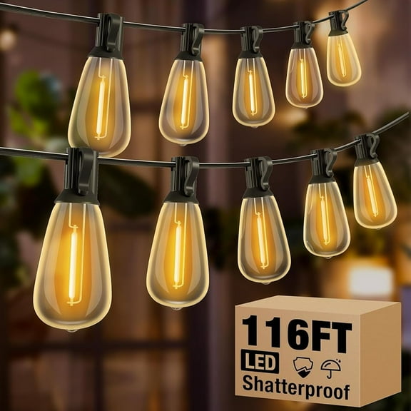 116FT Outdoor String Lights, ST38 Edison Bulb LED Lights, 3-Mode Waterproof Outdoor Decor, Ideal for Backyard Patio Parties, Garden Courtyards, and Tent Decorations (Includes 38 2 Bulbs).