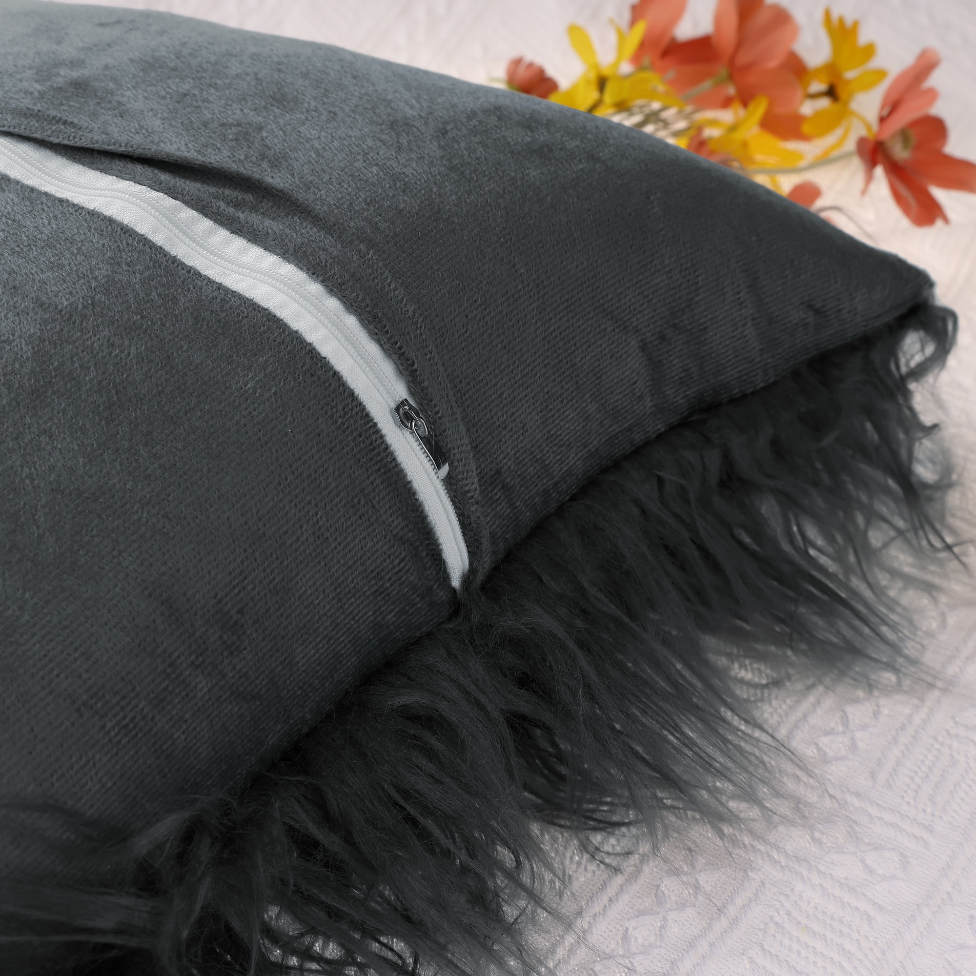 Unique Bargains Faux Fluffy Zipper Closure Cushion Covers Throw Pillow Covers (2 Count) Dark Gray 18" x 18"