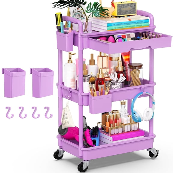 Yeabett 3 Tier Rolling Utility Cart Organizer with Removable Drawer, Mobile Storage Carts with 2 Lockable Wheels for Bathroom, Kitchen, Snack, Craft, Makeup, Baby Essentials，Purple